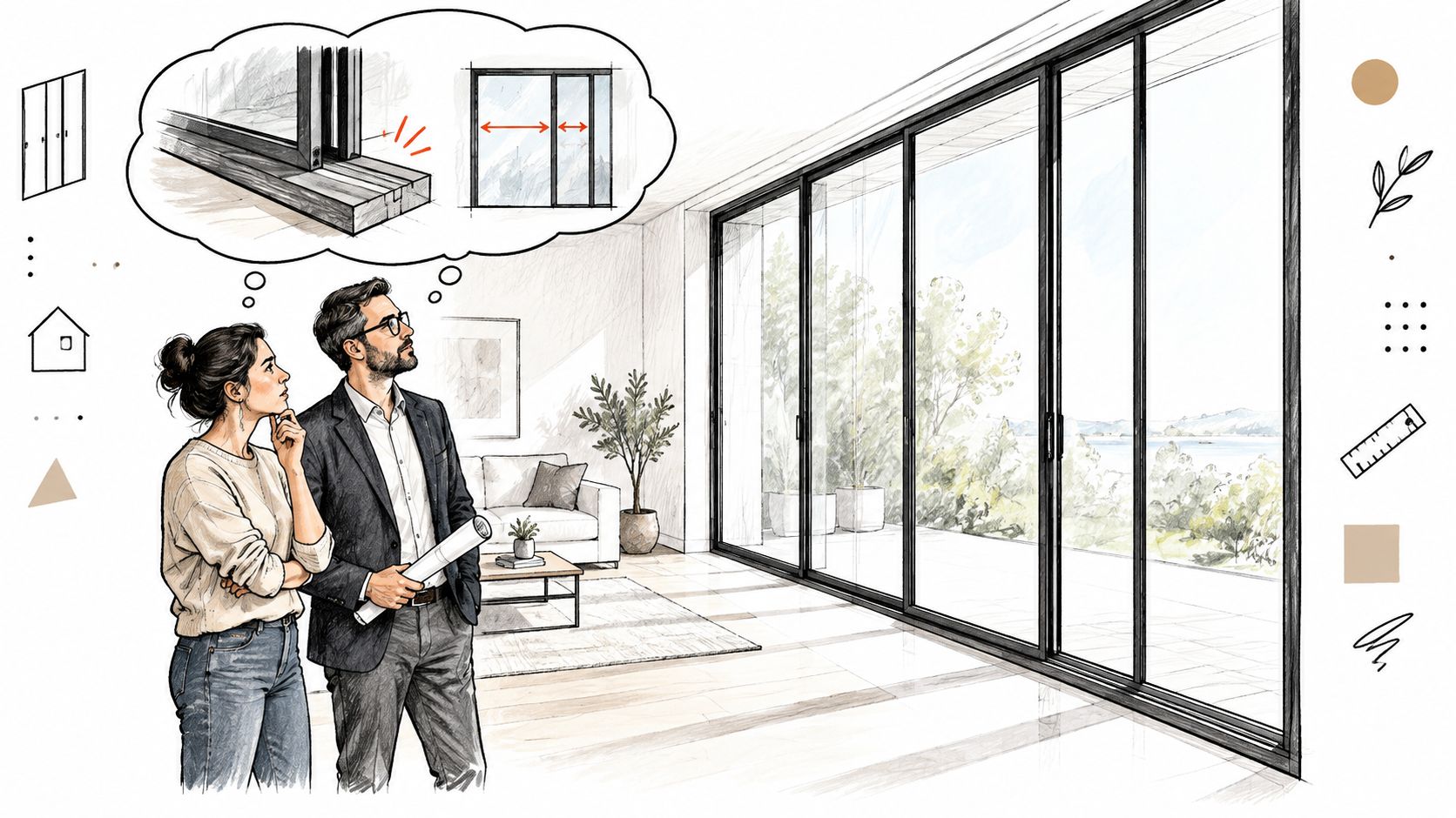 A couple discussing modern glass metal sliding door designs for their home renovation project in a living room.