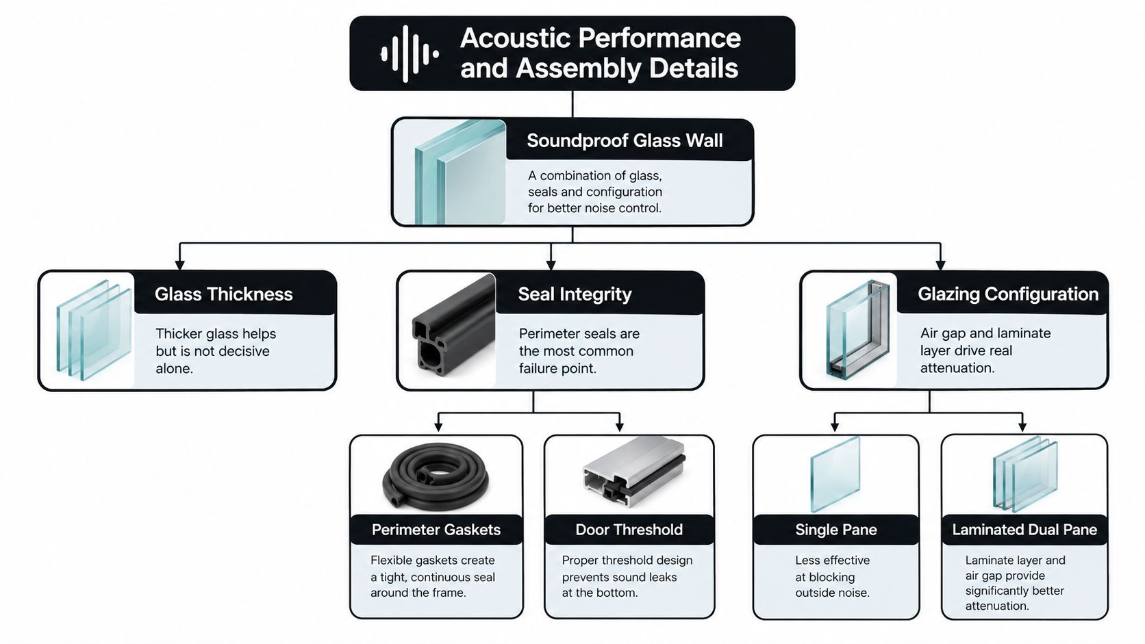 A diagram illustrating factors for soundproof glass wall acoustic performance, including thickness, seal integrity, and glazing configuration.