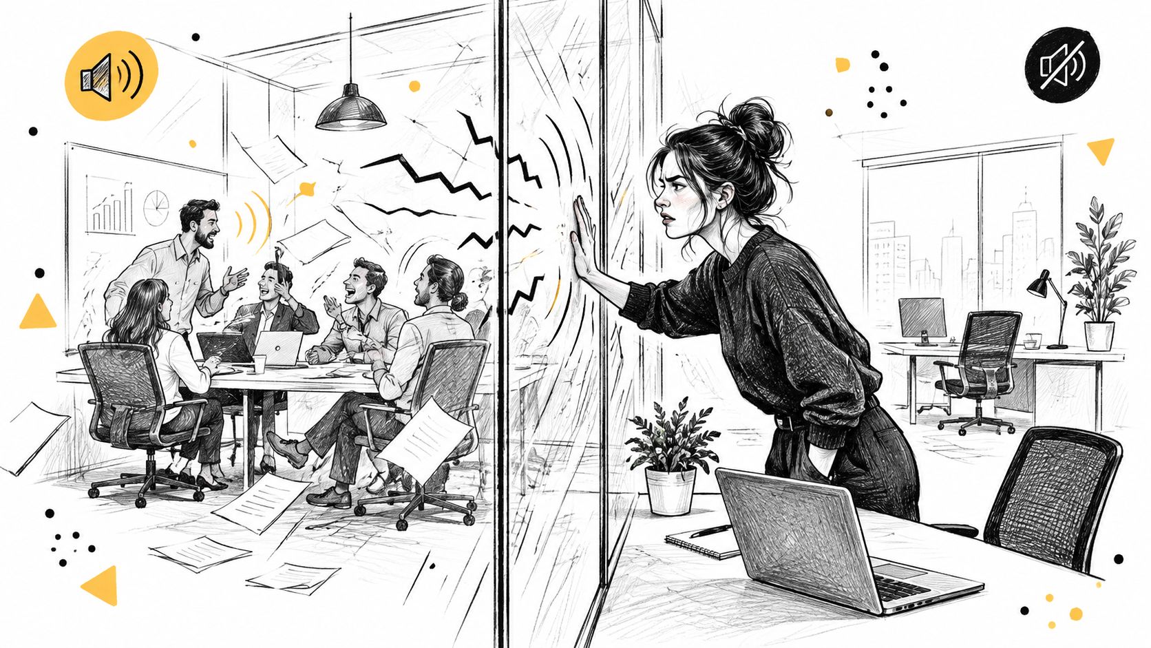 A frustrated woman working in a quiet office while colleagues have a noisy meeting behind glass walls.