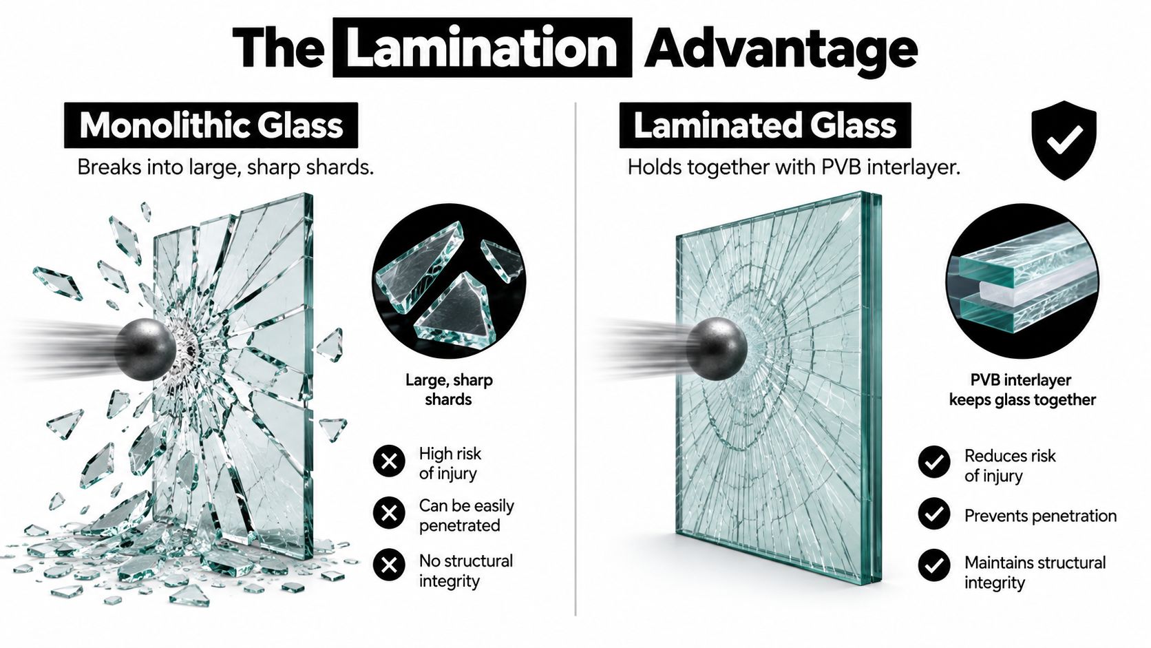 A comparison infographic showing monolithic glass shattering versus laminated glass remaining intact after a projectile impact.