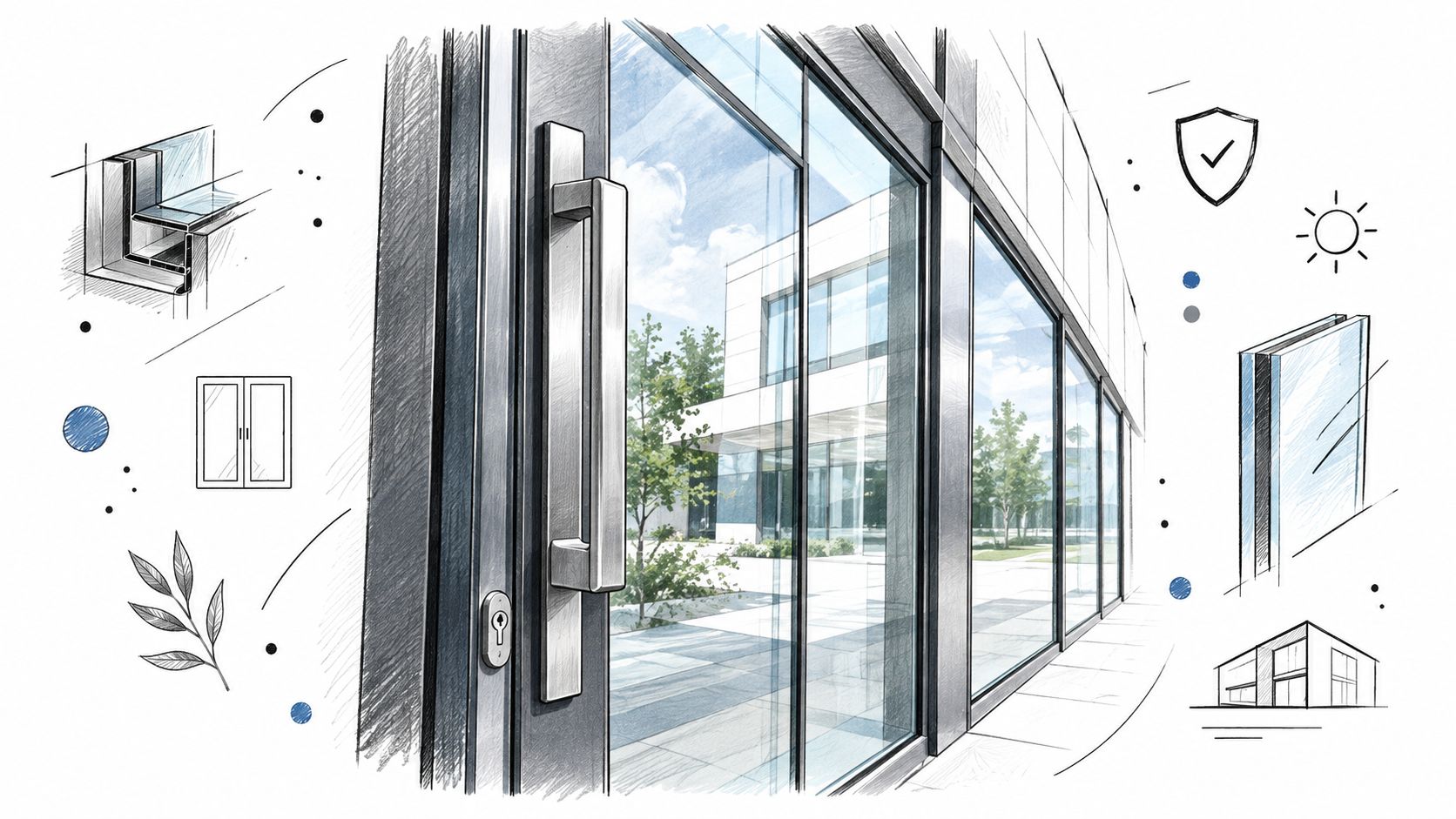 A detailed architectural sketch featuring modern metal and glass doors with structural diagrams and outdoor landscape elements.