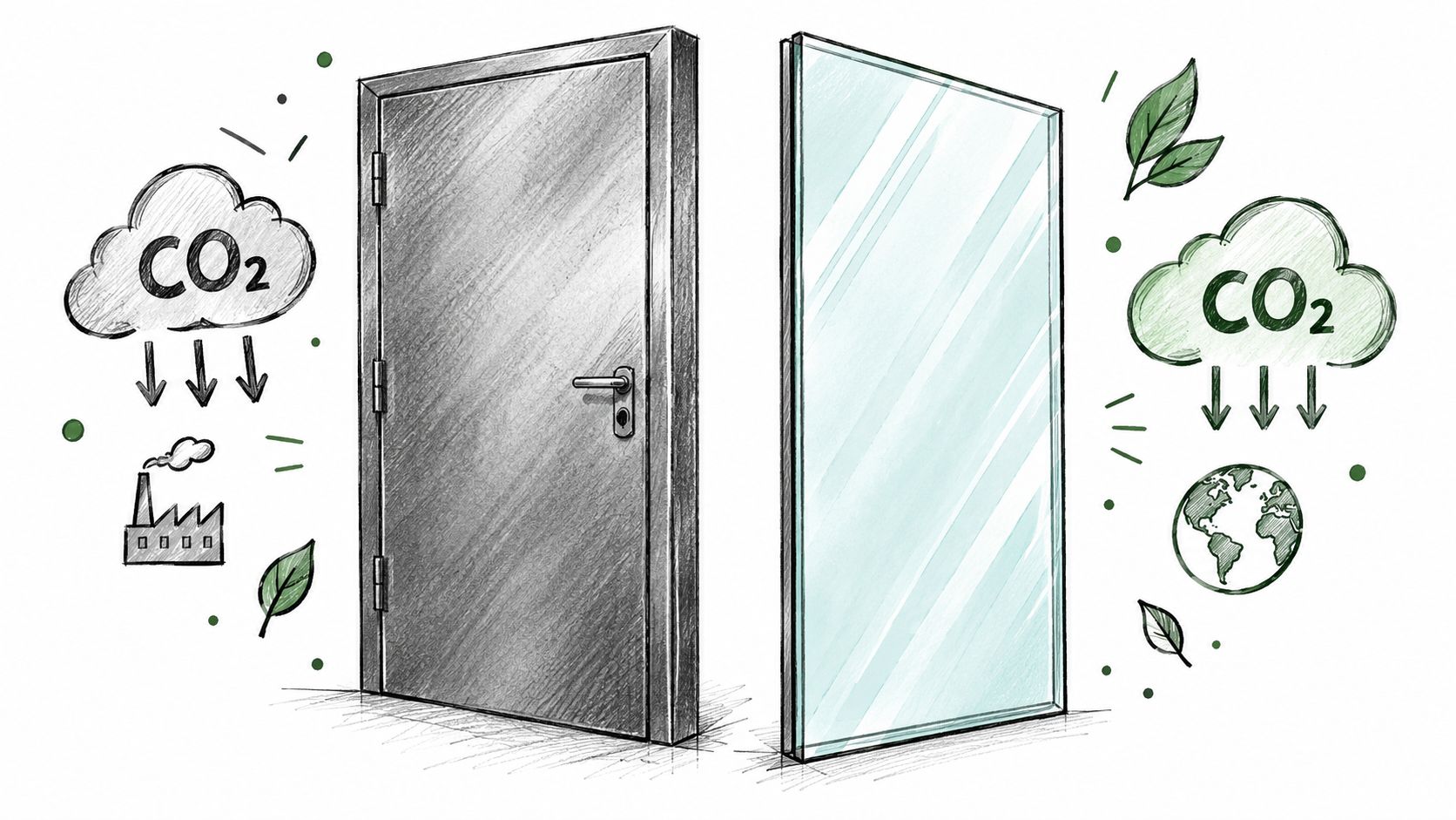 A conceptual illustration comparing a metal door associated with CO2 emissions and a glass door with sustainability symbols.