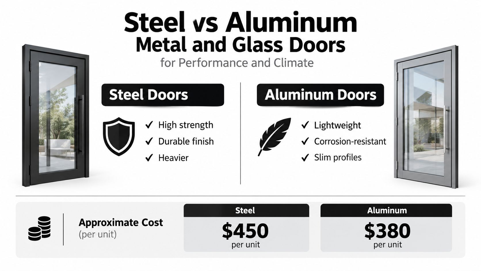 A comparison infographic highlighting the performance and cost differences between steel and aluminum metal glass doors.