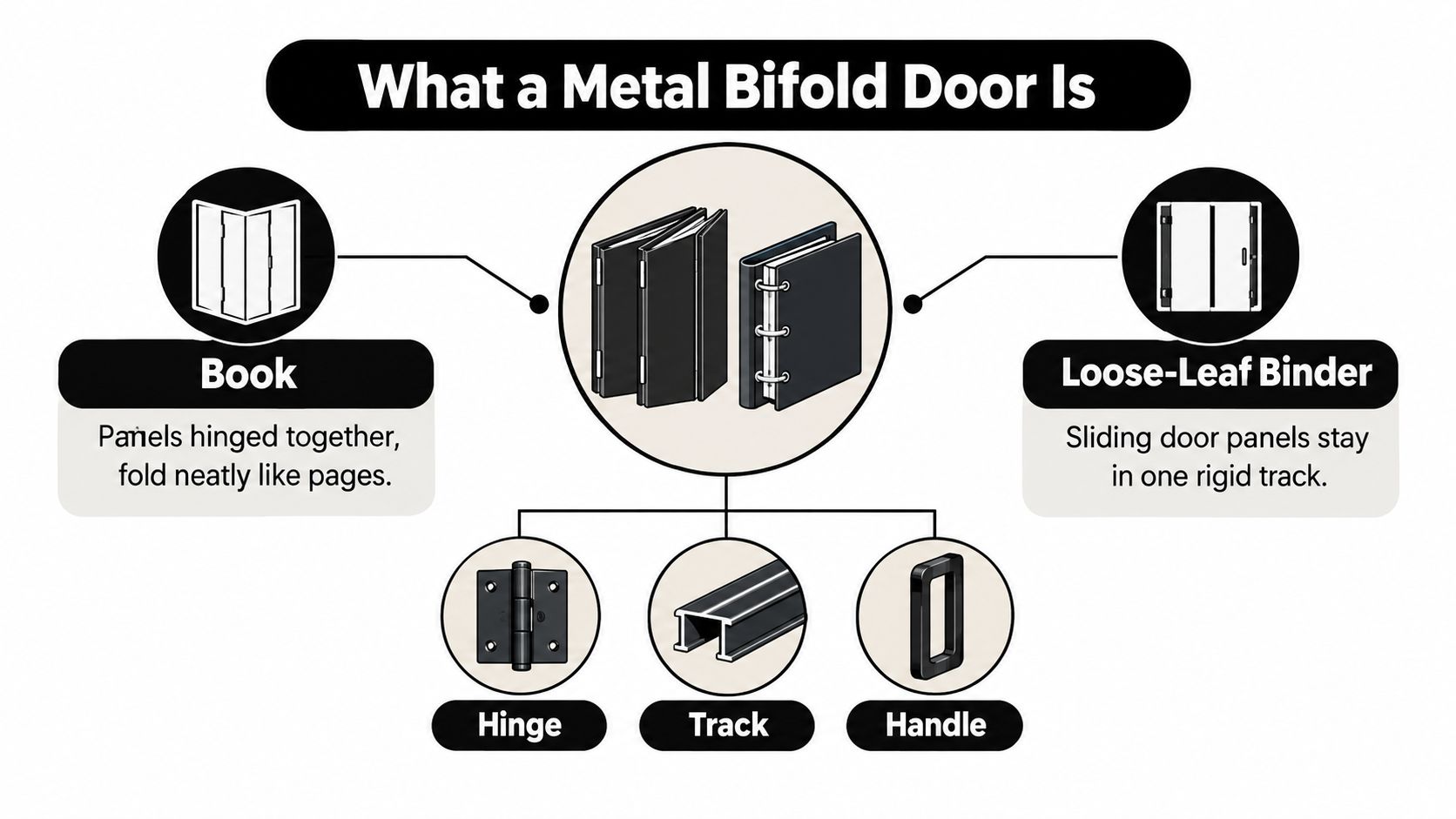 A diagram explaining metal bifold doors with icons showing a book, binder, hinges, tracks, and handles.