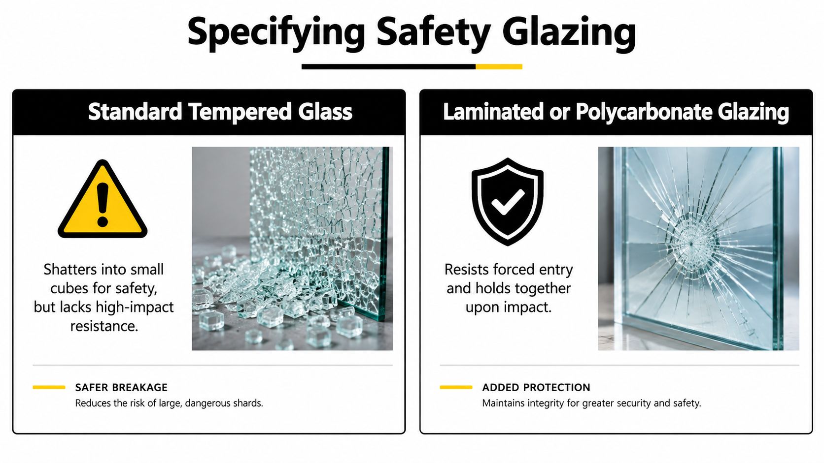 A comparison infographic between standard tempered glass and laminated or polycarbonate glazing for safety applications.