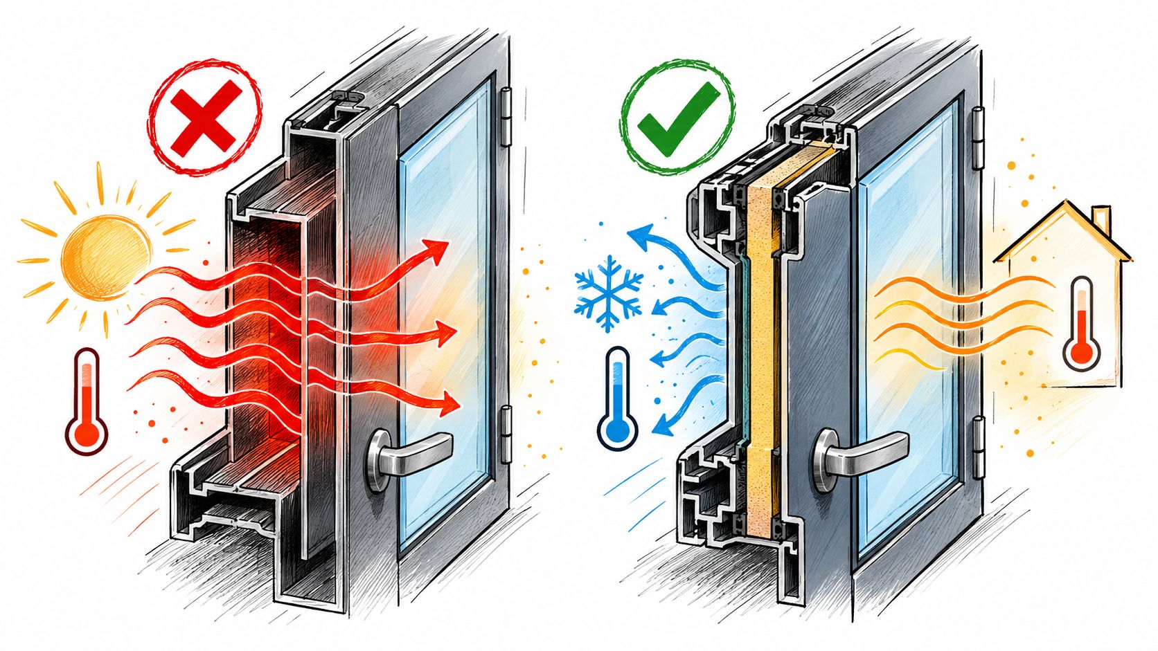 A diagram comparing poorly insulated metal doors with glass against energy-efficient, thermally broken insulated door systems.