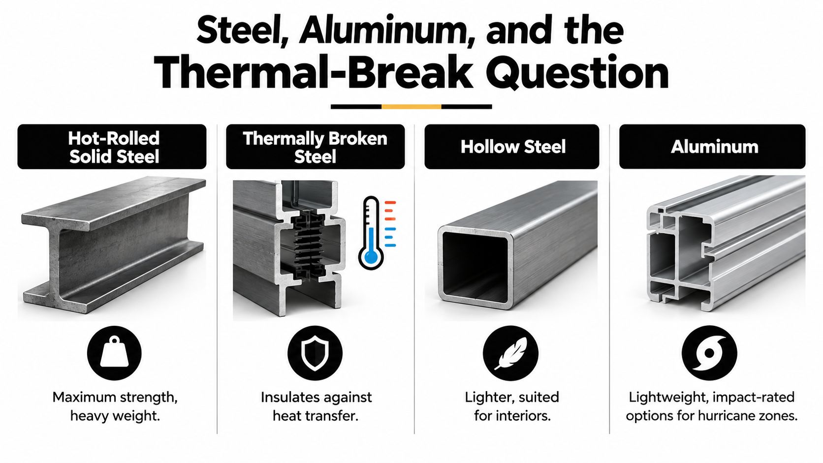 A comparison chart showing structural materials like solid steel, thermally broken steel, hollow steel, and aluminum profiles.