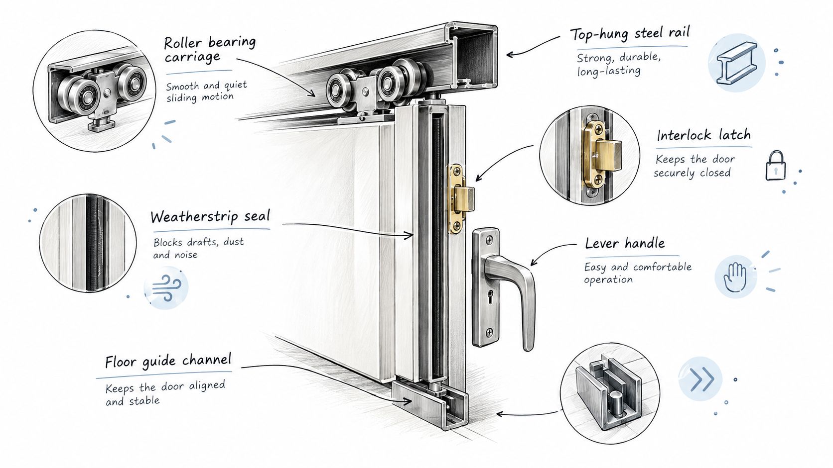 A detailed technical illustration of a sliding metal door showing components like rails, latches, and seals.