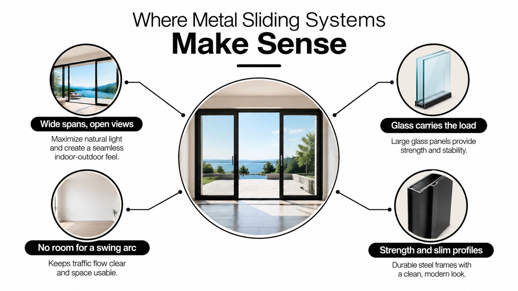 An infographic illustrating the benefits of metal sliding door systems for homes and modern architecture.