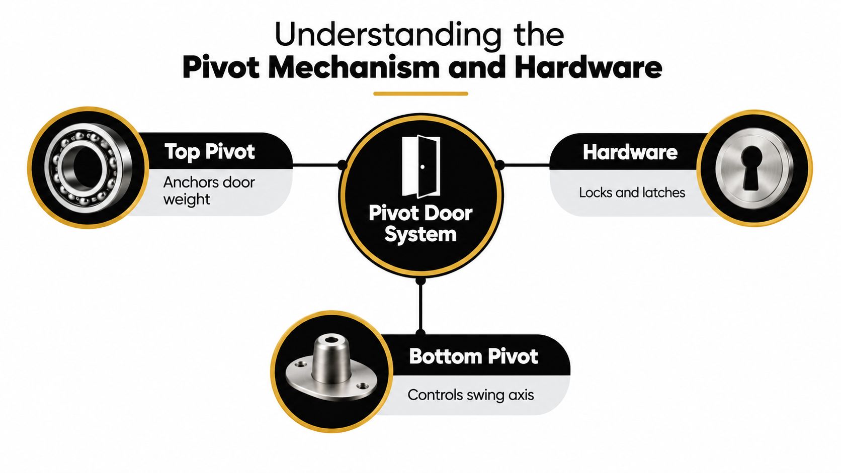 An infographic displaying the components of a pivot door system, including the top pivot, bottom pivot, and hardware.