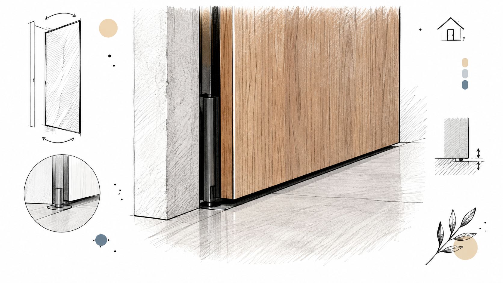 A detailed technical drawing illustrating the installation mechanism of a wooden pivot door system.