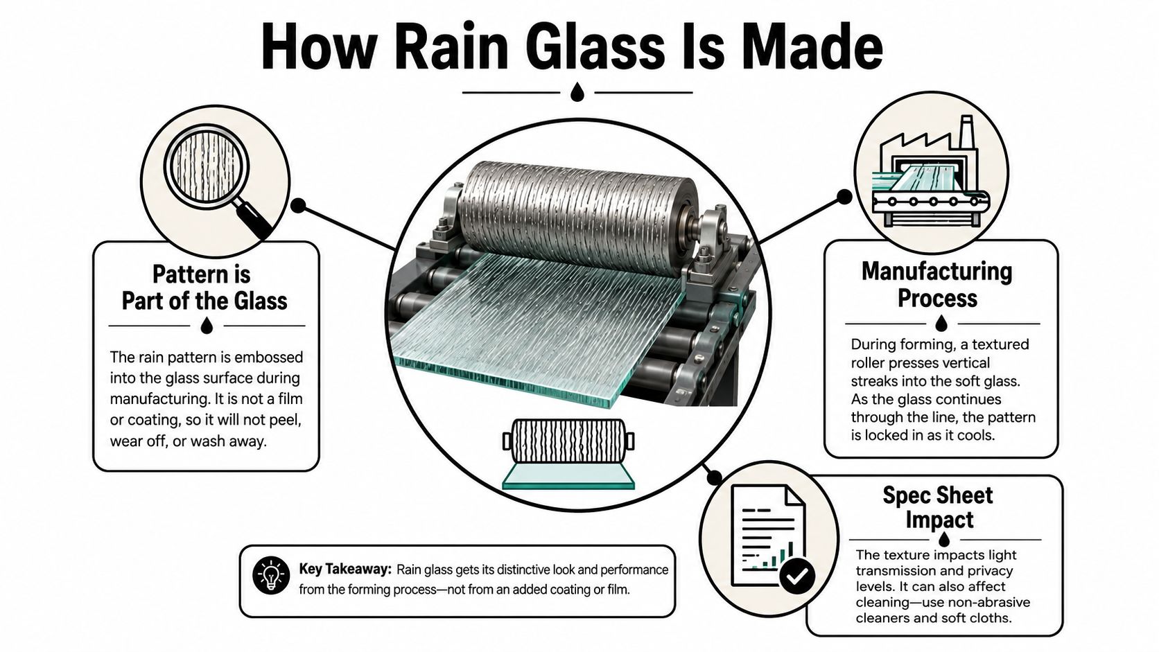 An infographic diagram explaining the manufacturing process of rain glass, highlighting its embossed texture and durability.