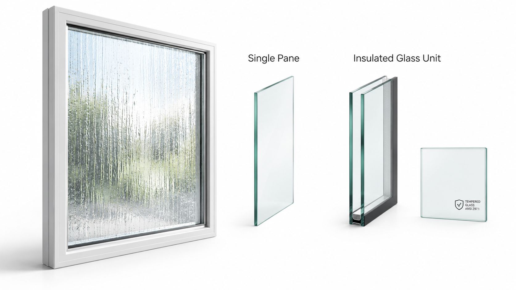 A diagram comparing a rain glass window, a single pane of glass, and an insulated glass unit.