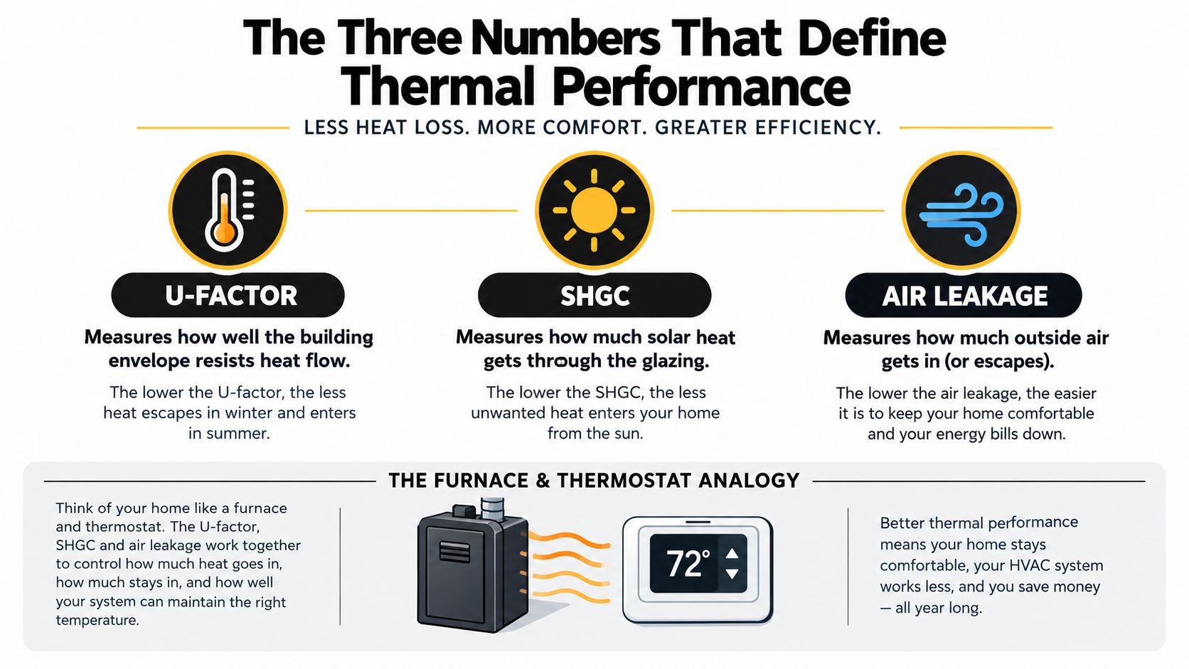 An infographic showing the three factors of building thermal performance: U-factor, solar heat gain coefficient, and air leakage.