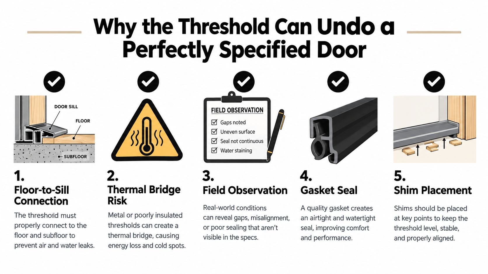 A diagram illustrating five essential factors for properly installing thresholds to ensure door insulation and performance.