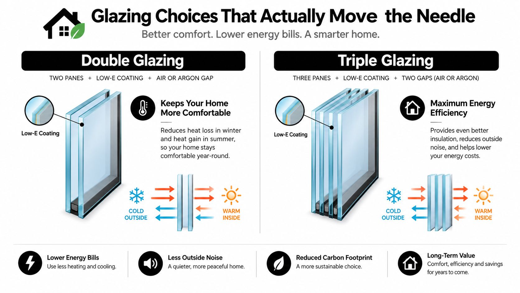 A comparison infographic between double glazing and triple glazing for windows showing energy efficiency benefits.