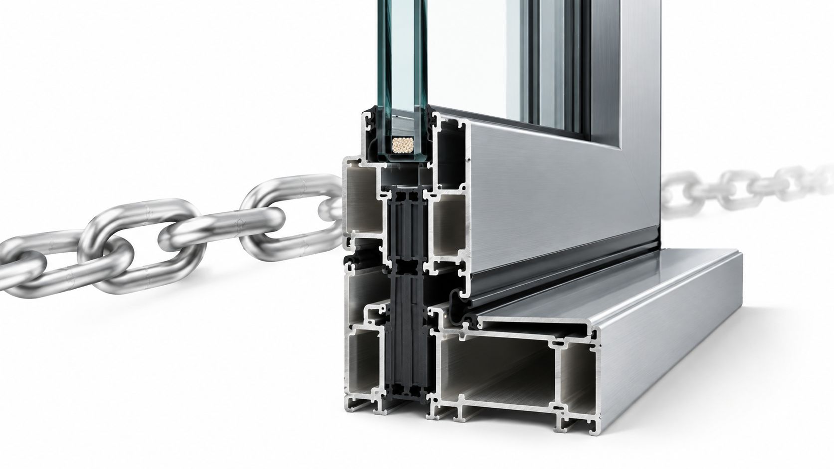 A detailed 3D cross-section view of a high-performance aluminum window profile frame with thermal insulation.