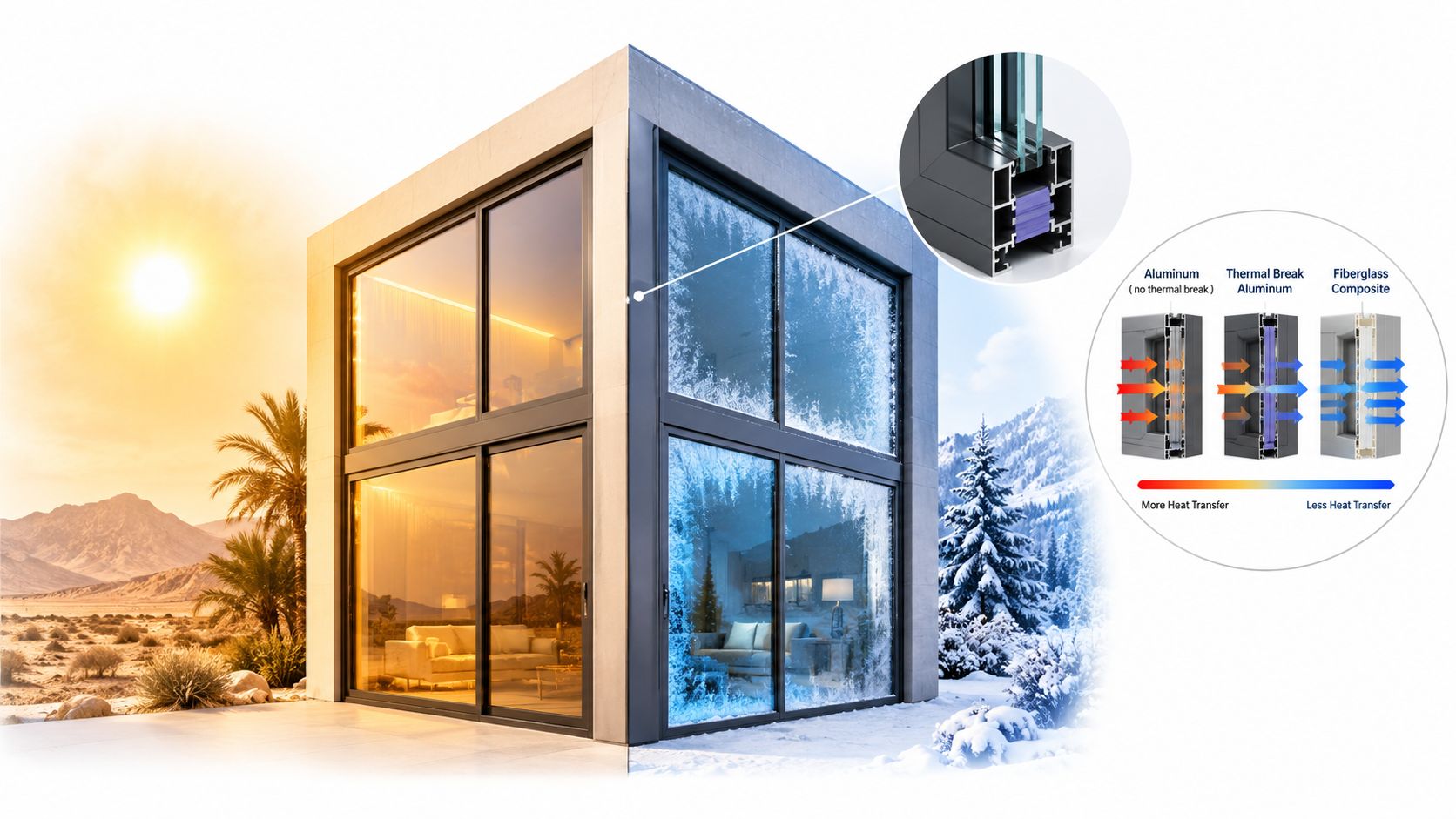A modern building showing thermal insulation differences between aluminum, thermal break aluminum, and fiberglass composite window frames.