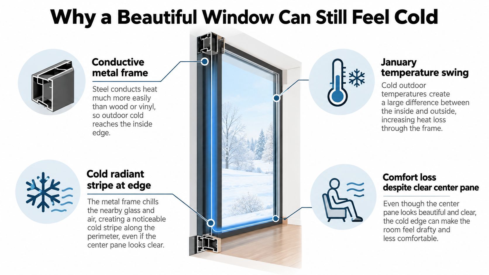 A diagram illustrating why metal window frames can feel cold, highlighting heat conduction and cold edges.