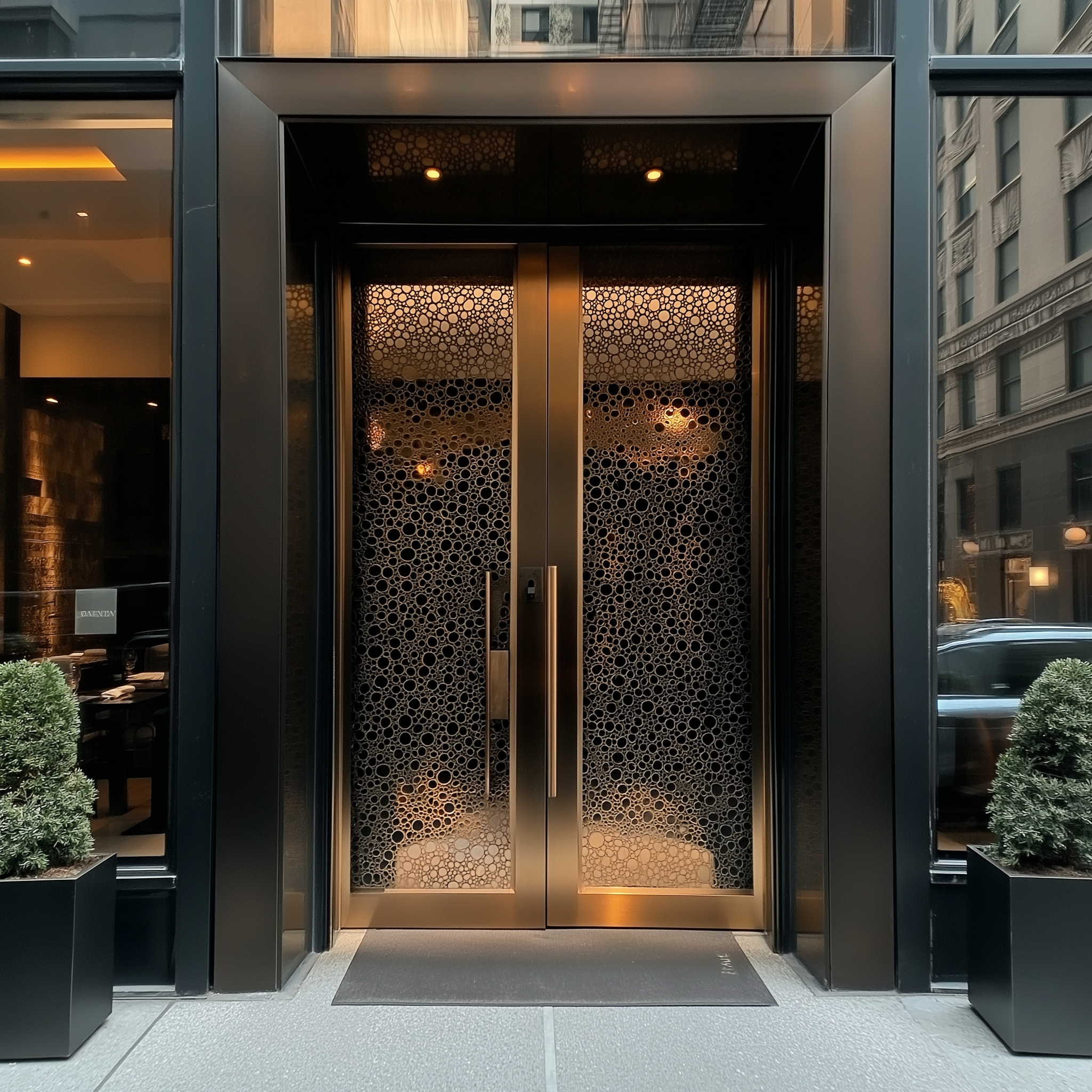 Bronze Metal Entry Doors - Custom Laser Cut Glass Design