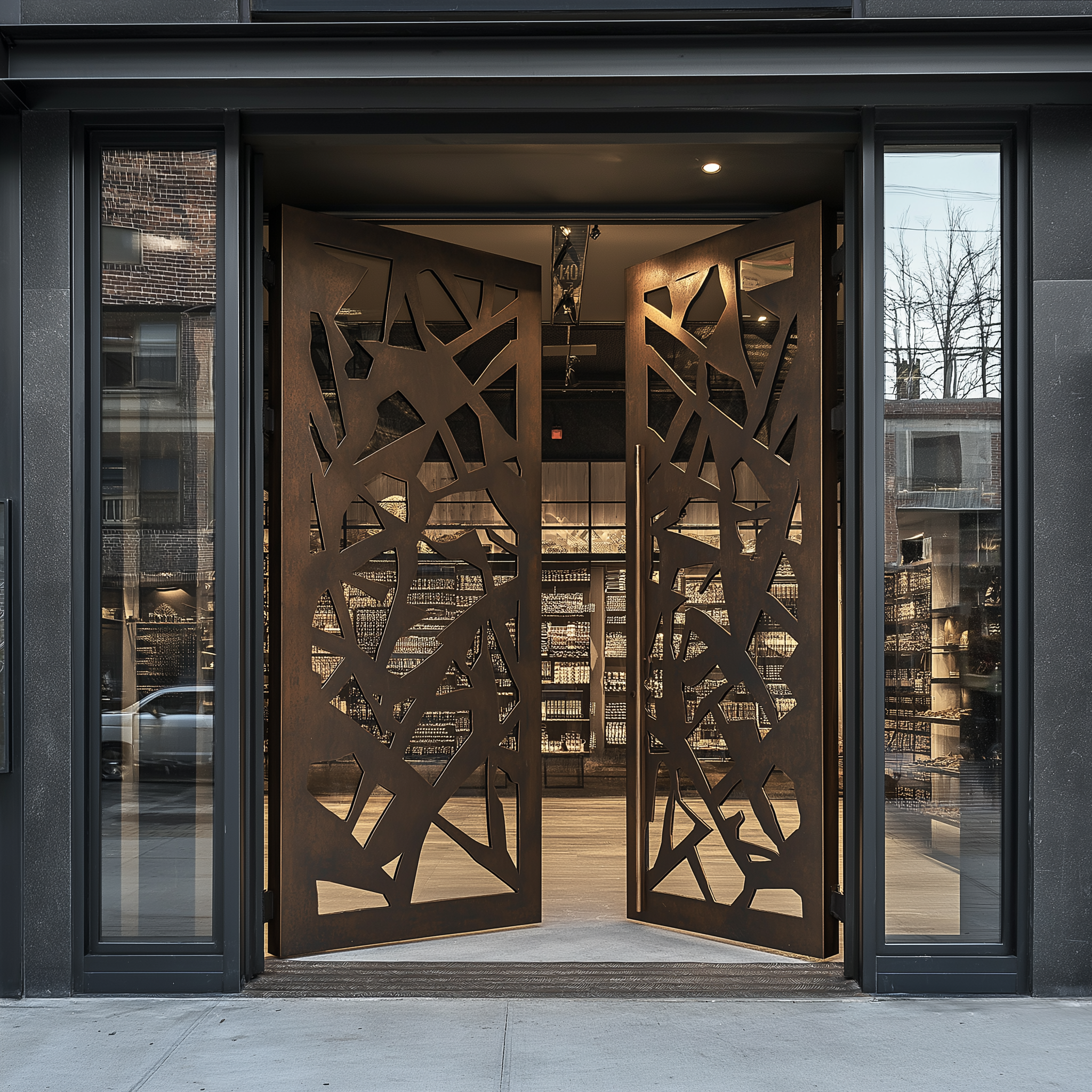 Steel Bronze Double Entry Doors - Custom Laser Cut Pattern Design